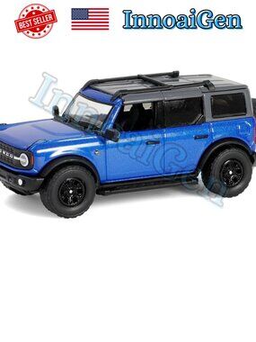 Greenlight 1:64 Ford Bronco Badlands Blue with Flatbed Trailer & Motorcycle Set